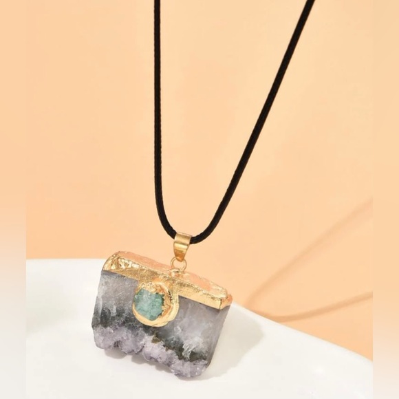 Amethyst Cluster Gold Dipped Square Geometric Aqua Sugar Quartz Crystal Necklace - Picture 2 of 5